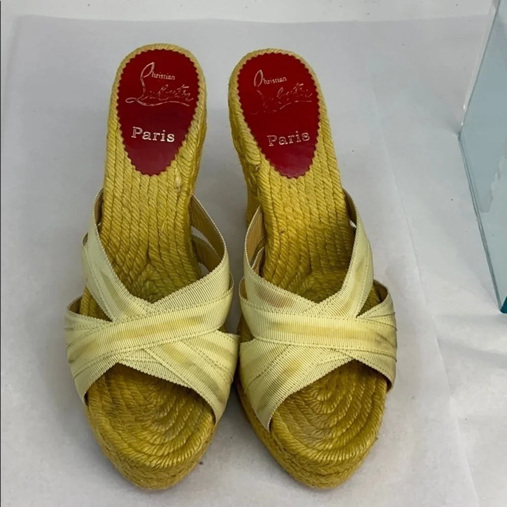 Christian Louboutin Sz 6 Yellow Ribbon Espadrille Wedges Heels Backless Sandals